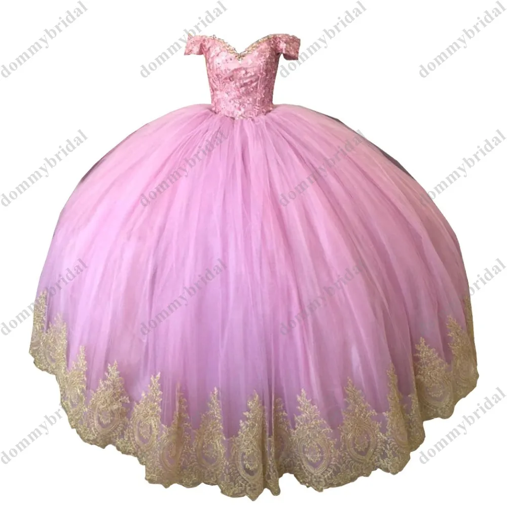 Mode Gold Kristall Staubigen Rose Rosa 2021 Günstige Quinceanera Kleider Prom Abendkleid Weg Von der schulter Ballkleid Spitze Applique