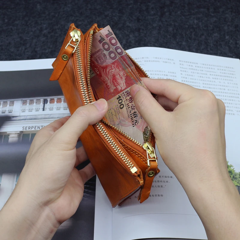 Luxury Double Zipper Clutch Bag Vegetable Tanned Cow Leather Retro Cell Phone Purses Casual Fashion Wrist Strap Long Wallet