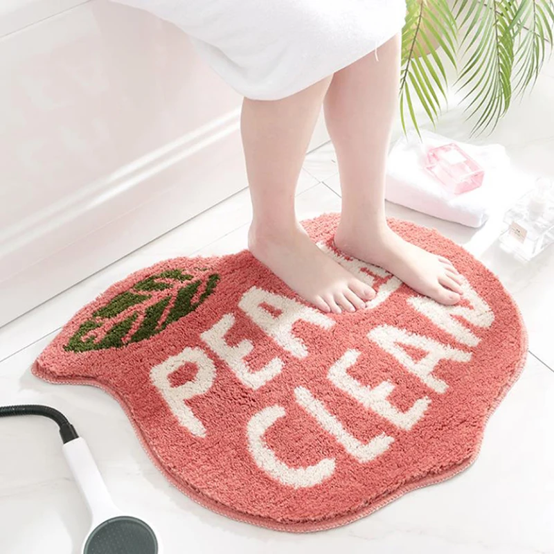 Tapis de salle de bain en forme de pêche rose, mignon, antidérapant, doux, en peluche, en microfibre, pour douche