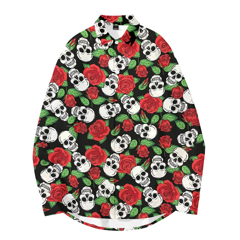 

Hip Hop Shirt Streetwear Oversized Men Harajuku Red Rose Skull Covered Print Hawaiian Shirt Long Sleeve Autumn Tops Shirts Loose