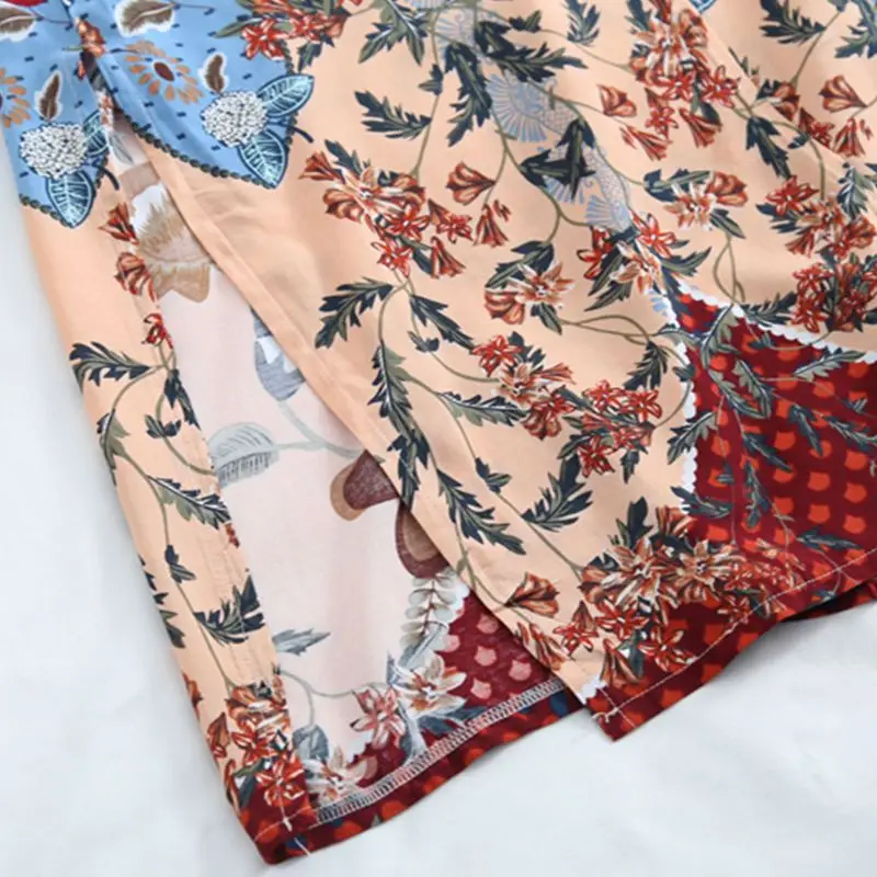 Women Beach Swimsuit Cover Up Boho Floral Printed Open Front Kimono Cardigan Long Sleeves Belted Wrap Front Side Split Maxi Robe