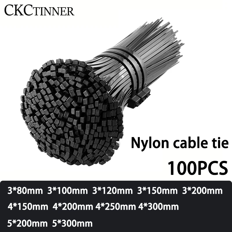 Self-Locking Plastic Nylon Cable Tie, Black, Wire Wrap, Fasten Organizer, 3x80mm, 3x100mm, 3x200mm, 4x200mm, 4x300, 100 PCes