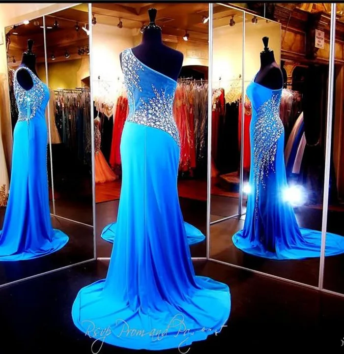 Vestido de fiesta de noche azul con un hombro ajustado, transparente, con cuentas de cristal, cremallera lateral, Sexy, para desfile