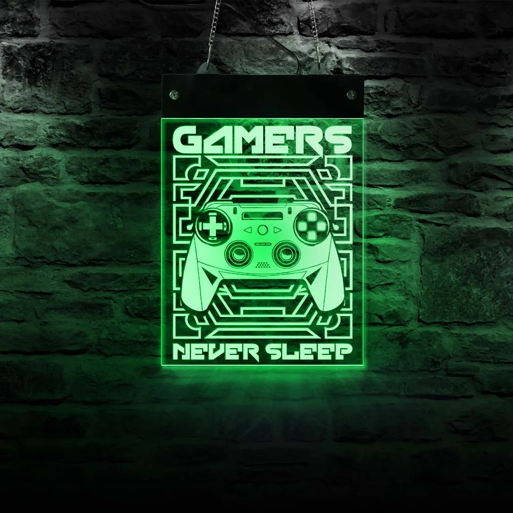 Gamers Never Sleep Man Cave Gaming Electronic Lighted Sign Playroom Joystick Video Games LED Illuminated Display Hanging Board