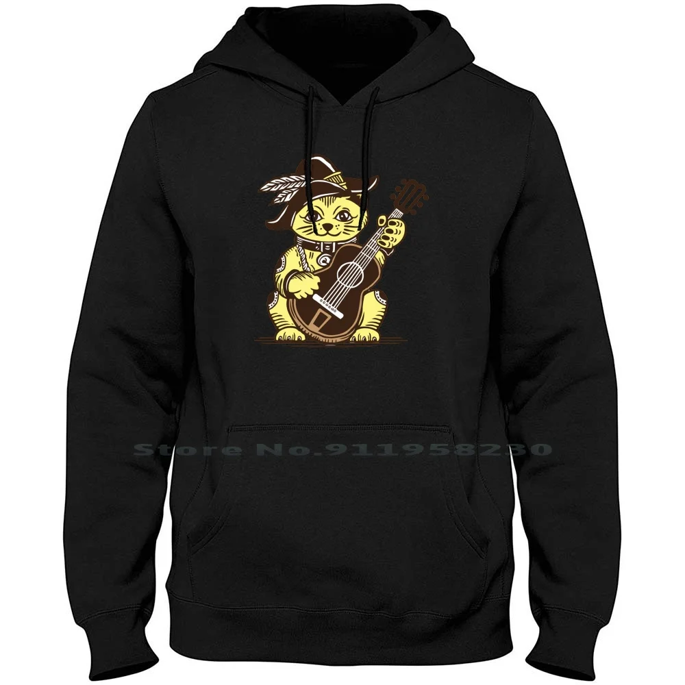 Lucky Fortune Cat Playing Acoustic Guitar Cowboy Style Hoodie Sweater Cotton Acoustic Guitar Acoustic Fortune Playing Cartoon