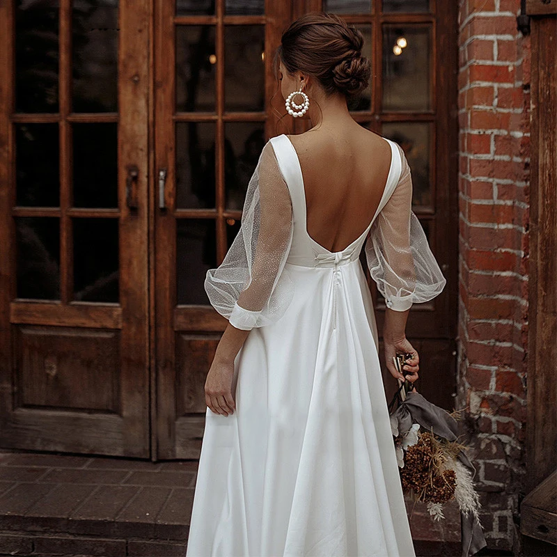 Robe de mariée en Satin à manches longues bouffantes, col en v, sur mesure, bon marché, à lacets, grande taille, froncée, dos nu