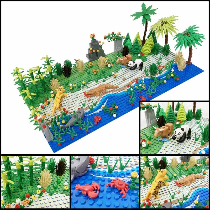 MOC Parts Building Blocks Rainforest Jurassic Dinosaurs Park Animal Green Grass Jungle Bush Flower Tree Plants Brick Toys Gift