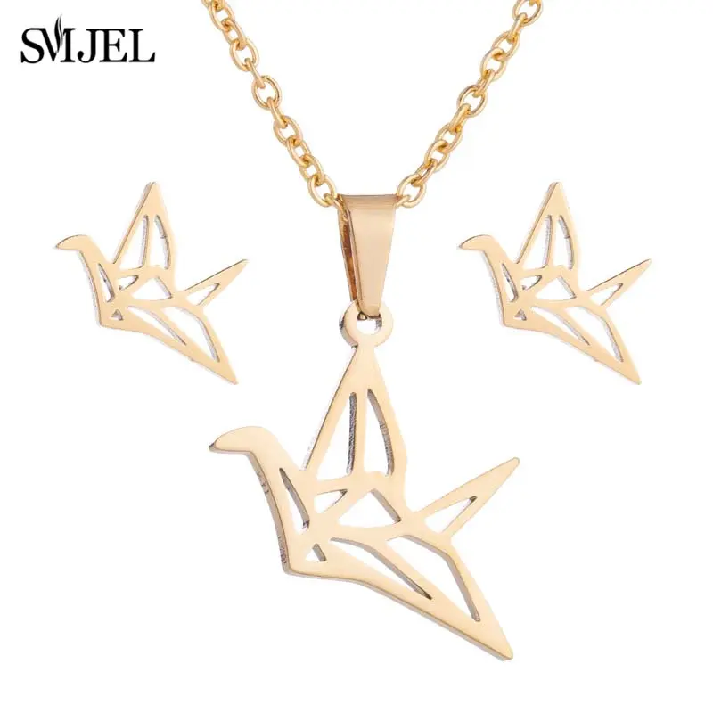 Trendy Animal Necklace Stainless Steel Jewelry Sets Cute Origami Crane Earrings Paper Bird Pendant Necklace Accessories Gift