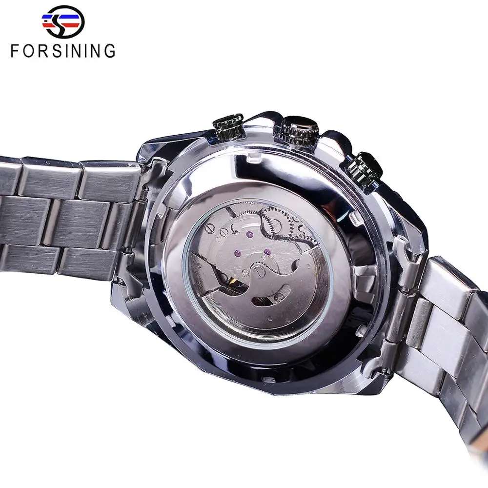 Forsining Sport Style Men\'s Mechanical Watches Black Automatic 3 Sub Dial Date Stainless Steel Belts Outdoor Military Wristwatch