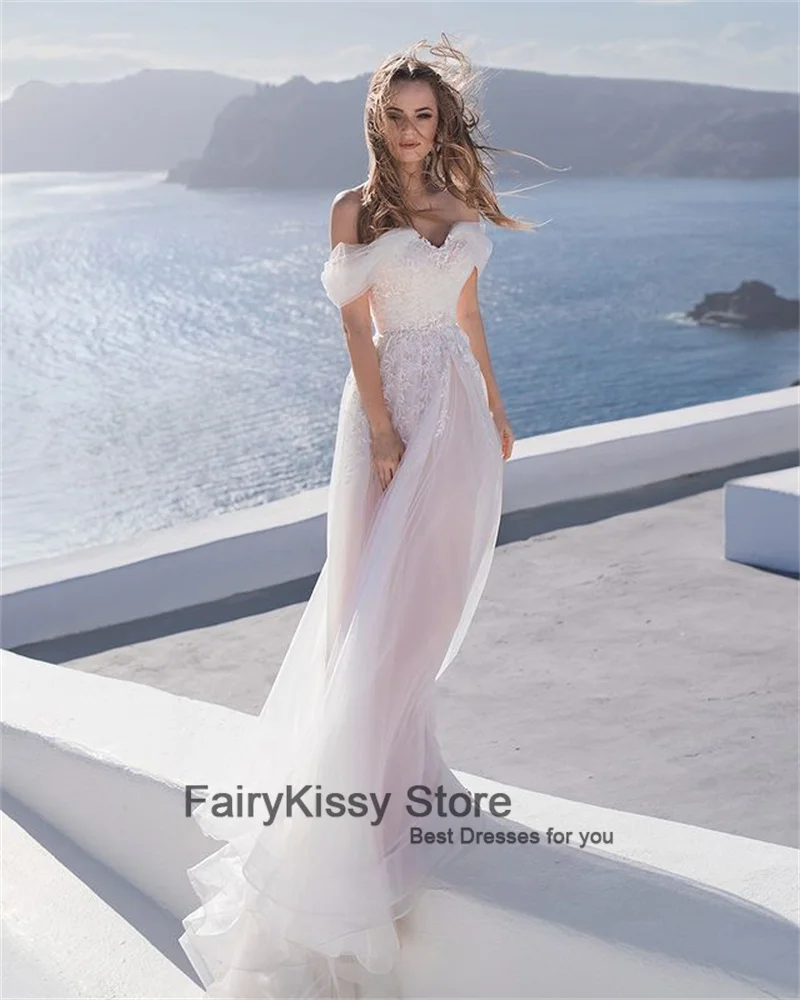 FairyKissy Puffy Sleeve Tulle Wedding Dresses Floor Length Off the Shoulder A Line Simple Wedding Party Gowns for Bridal 2021