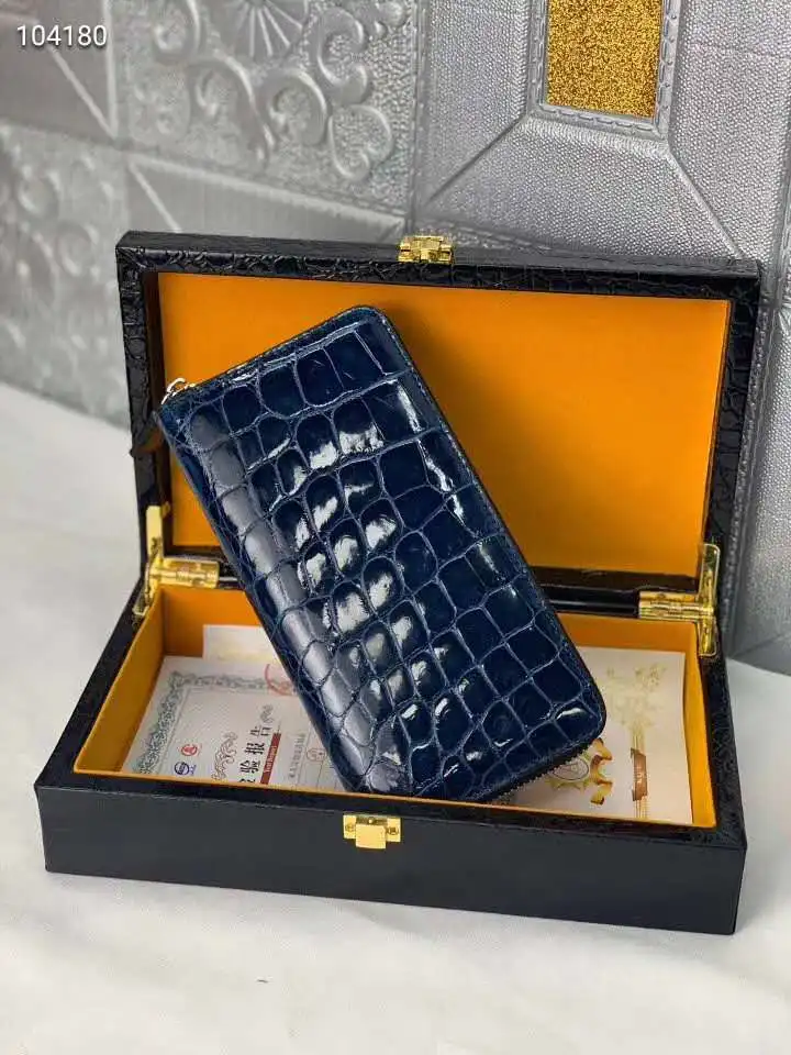 High glossy shinny genuine crocodile belly skin wallet clutch with inner cow skin lining blue color long zipper wallet purse