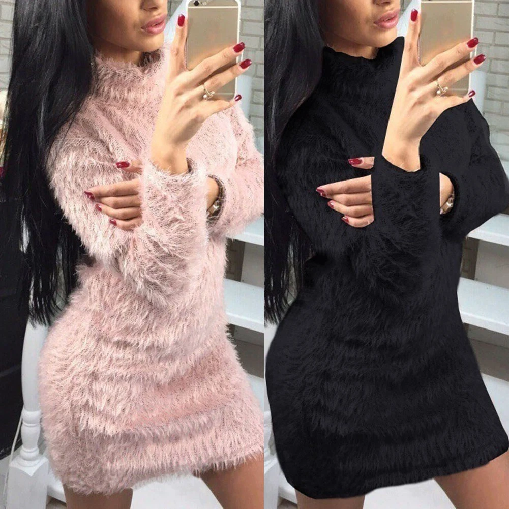 Frauen Pullover Mini kleid sexy Roll kragen pullover Langarm Herbst Winter elegante Straße lose Kleider