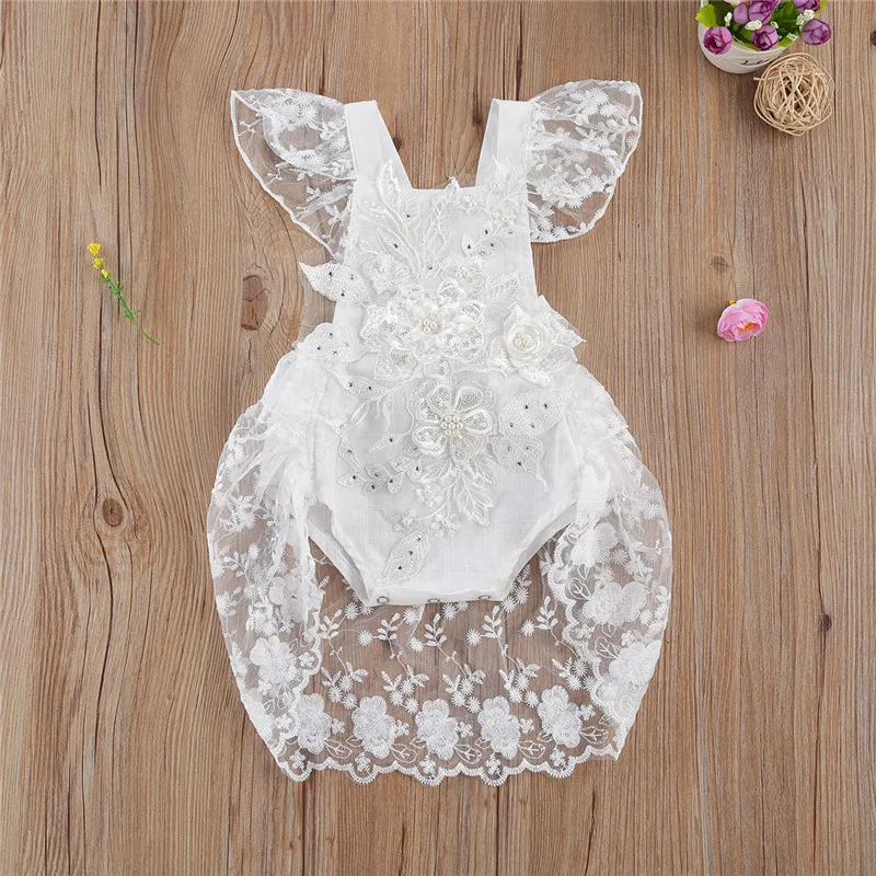 0-24M Newborn Infant Baby Girls Princess Rompers Ruffles Lace Short Sleeve Floral Print Backless Elegant Jumpsuits Dress Outfits