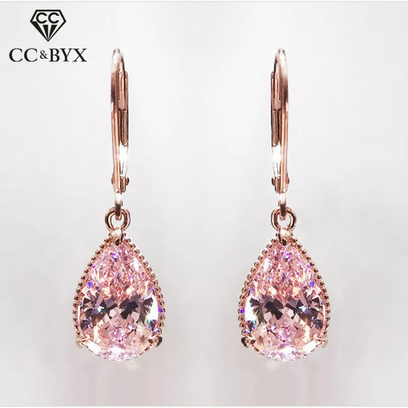 Drop Earrings For Women Pink Cubic Zirconia Water Drop Rose Gold Color Dangle Earring Bridal Wedding Temperament Jewelry CCE624