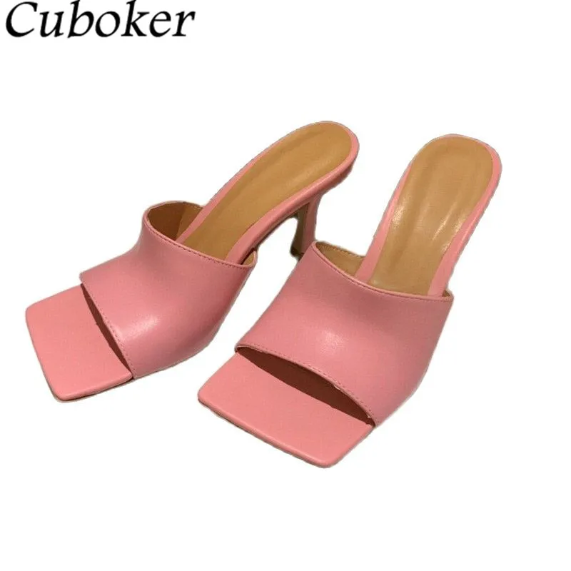 

Hot Sale Slippers Woman Thin High Heels Square Toe Leather Slides Pink Summer Ladies Mules Runway Party Dress Shoes Women Mujer