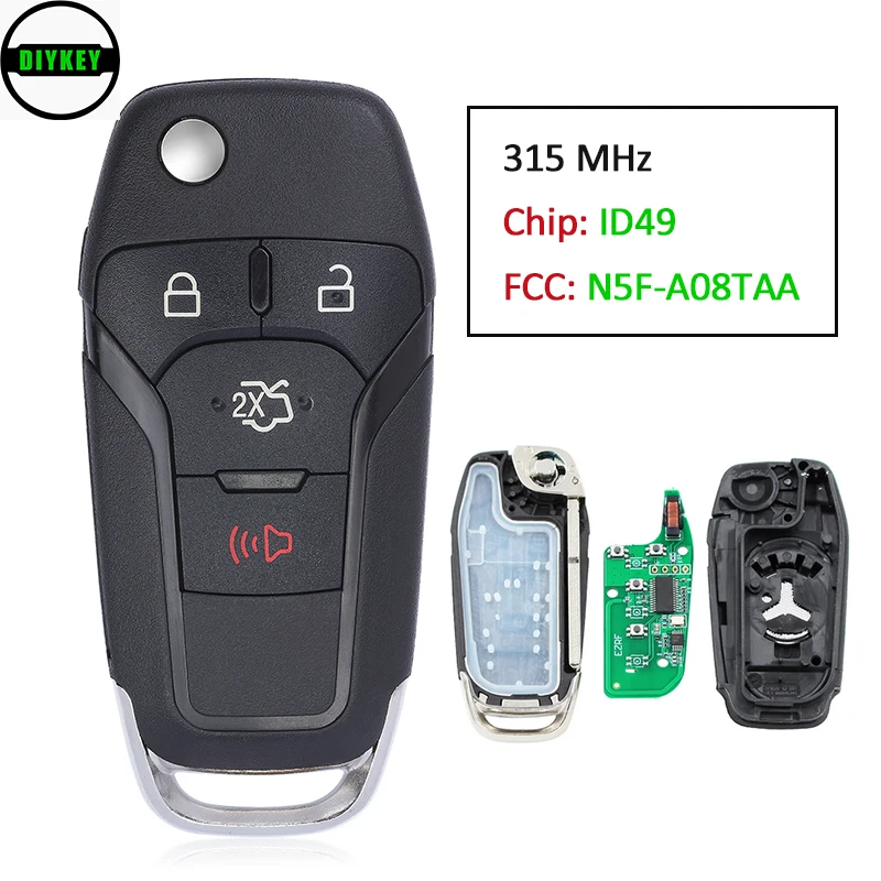 

DIYKEY 4 Buttons 315MHz 49 Chip HU101 Keyless Entry Flip Remote Key For Ford Fusion 2013 2014 2015 2016 2017 FCC ID: N5F-A08TAA