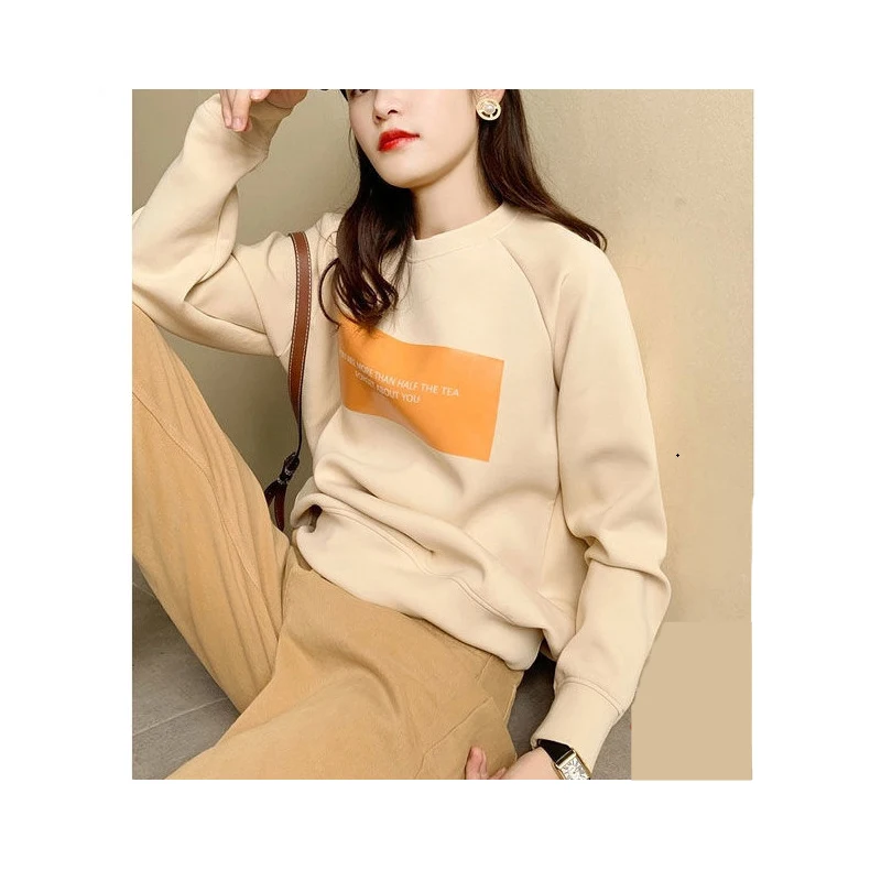 

2021 Women New Winter Sweater Plus Velvet Thickened Western Style Korean Loose and Thin Warm Hoodless Top