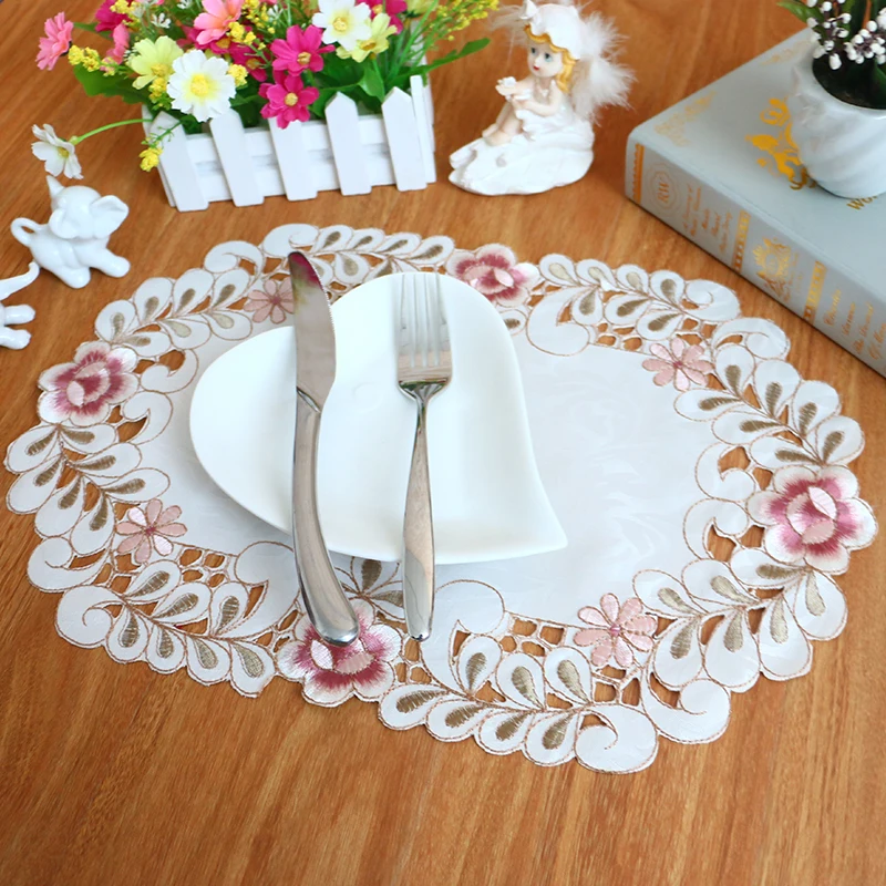 NEW Oval Pastoral Cotton Embroidered Hollow Placemat Cover Cloth Napkin Coaster Balcony Coffee Table Mat Cup Christmas Wedding