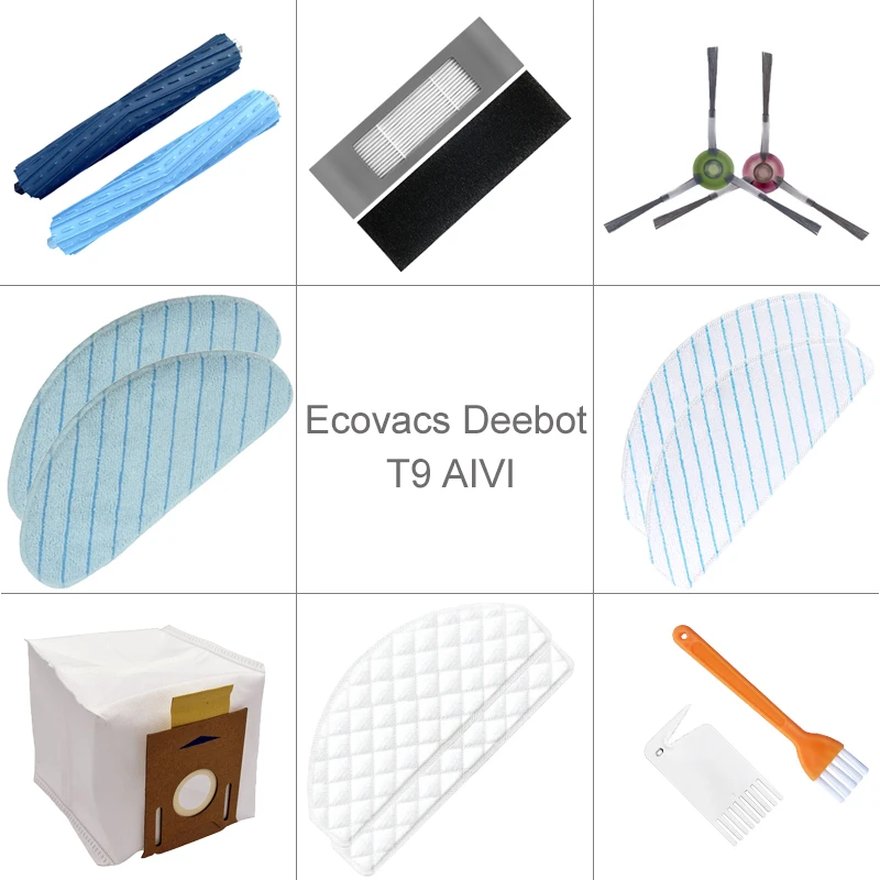 Bolsa de polvo para aspiradora Ecovacs Deebot T9 AIVI, cepillo principal, piezas desechables de tela para mopa, filtro Hepa, cepillo lateral, accesorios