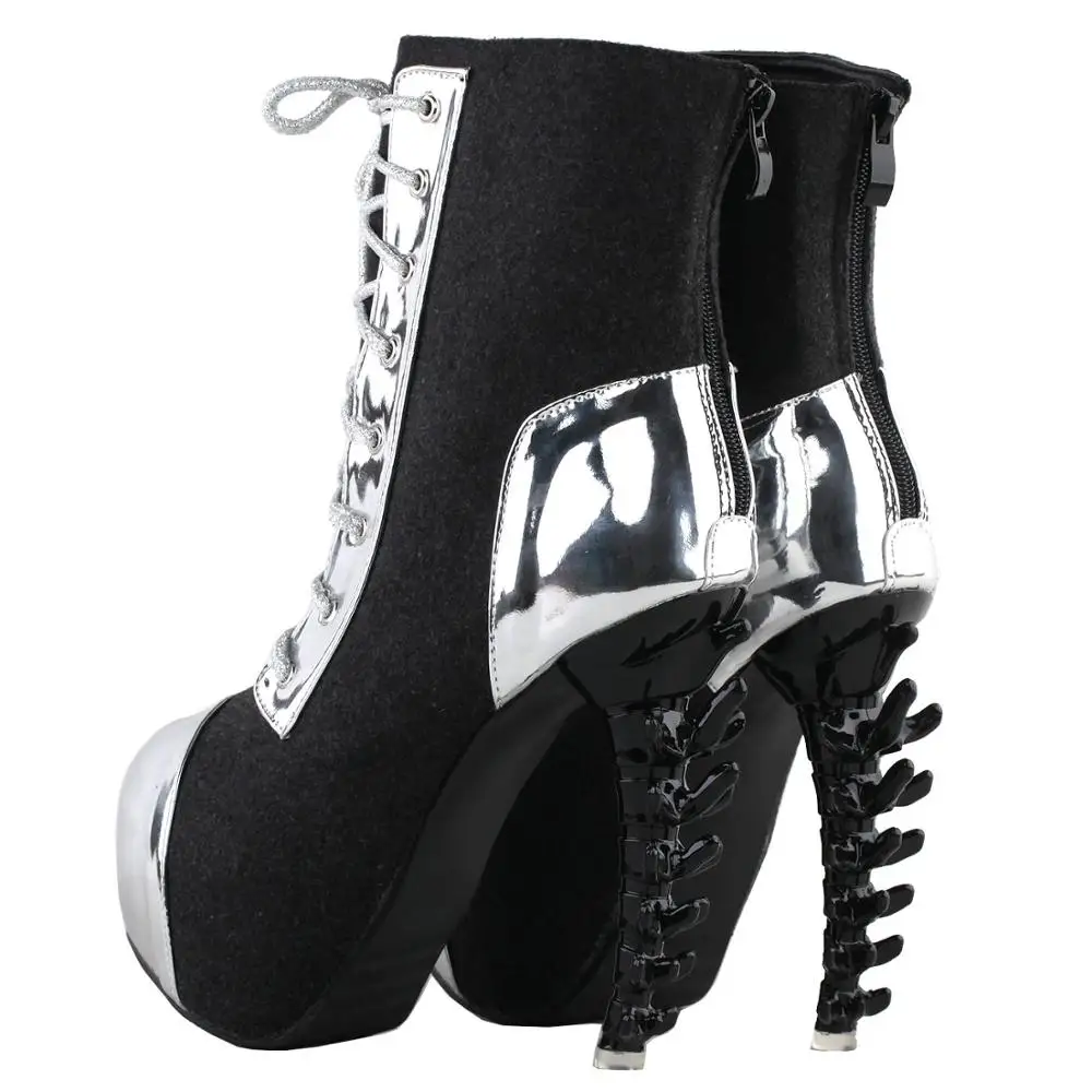 Cool Dark Grey Silver Two Tone Lace-Up High-top Bone Heels Platform Ankle Boots