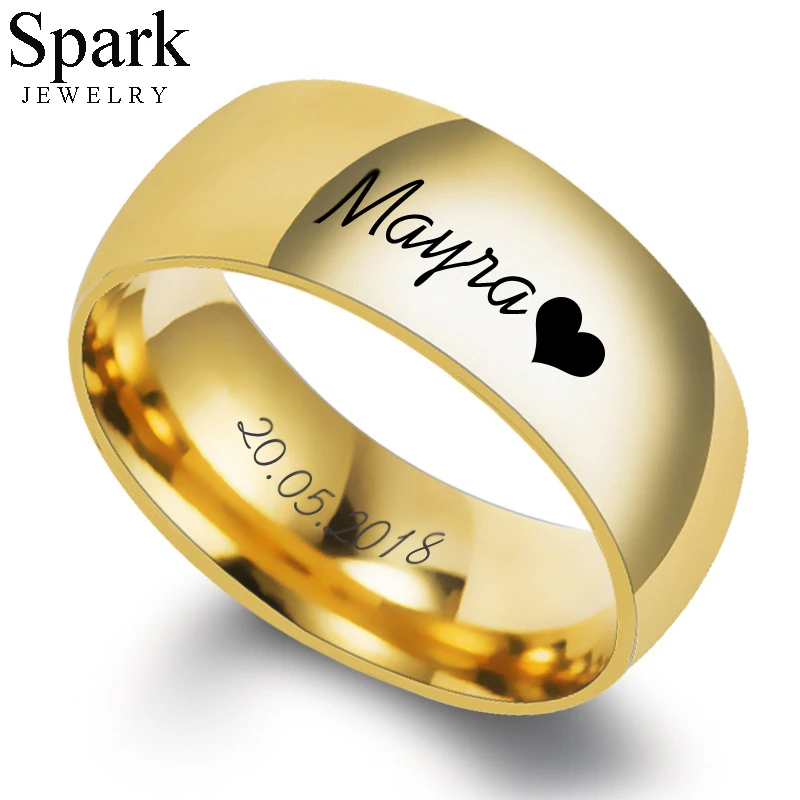 Spark Stainless Steel Personalized Engrave Lovers Couple Rings for Men Women 8mm Steel Gold Color Customized Wedding Ring Jewelr