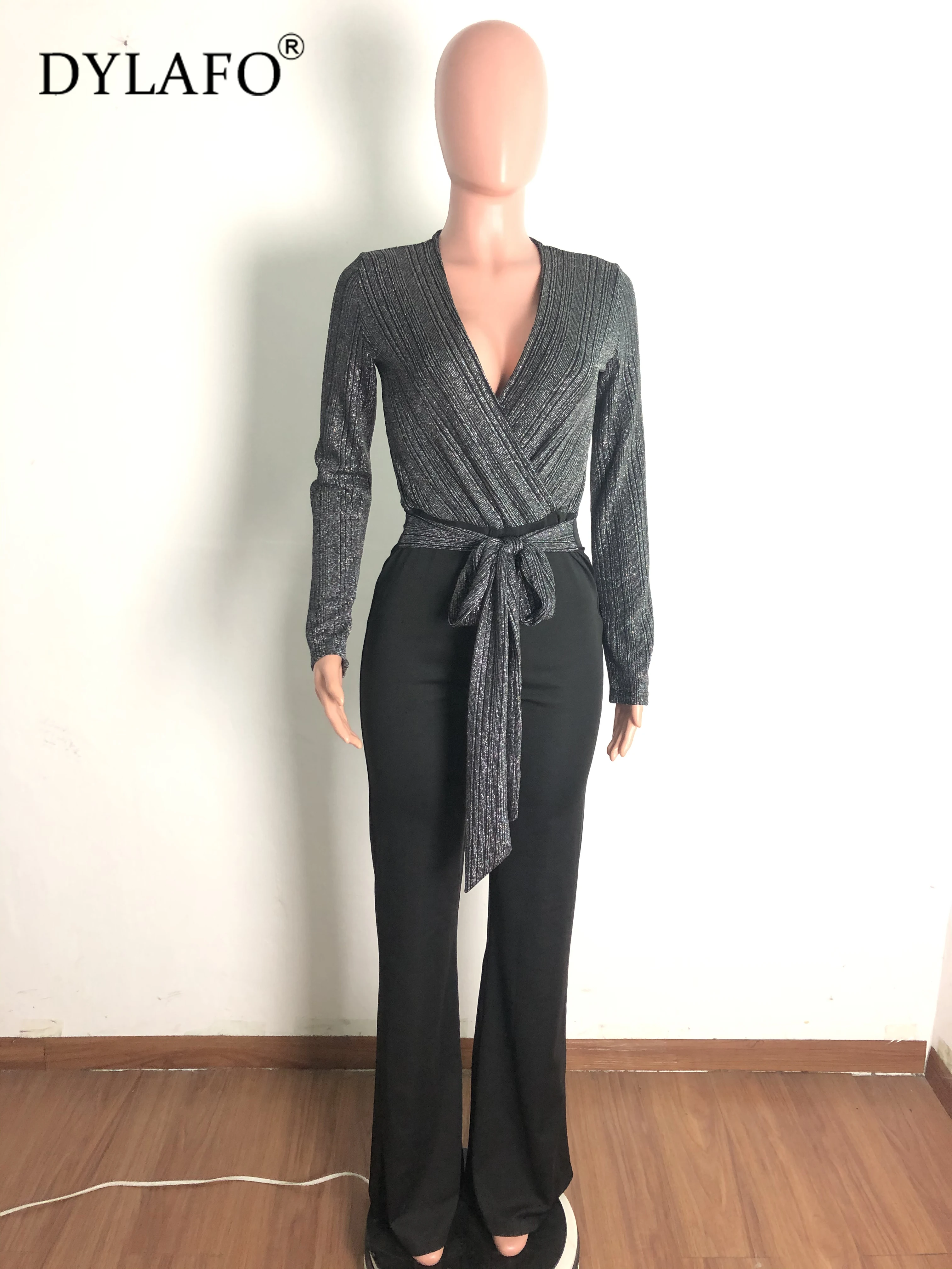 Autumn Women Jumpsuit Patchwork Elegant Party Night Sexy Bodysuits Deep V Neck Long Sleeve Bandage Jumpsuit One Piece Overalls
