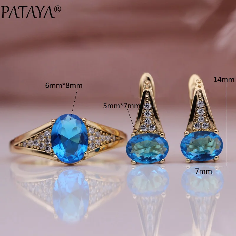 PATAYA New Winter Clearance Fashion Popular Women Fashion Jewelry Sets Oval Natural Zircon 585 Rose Gold Color Earrings Ring Set