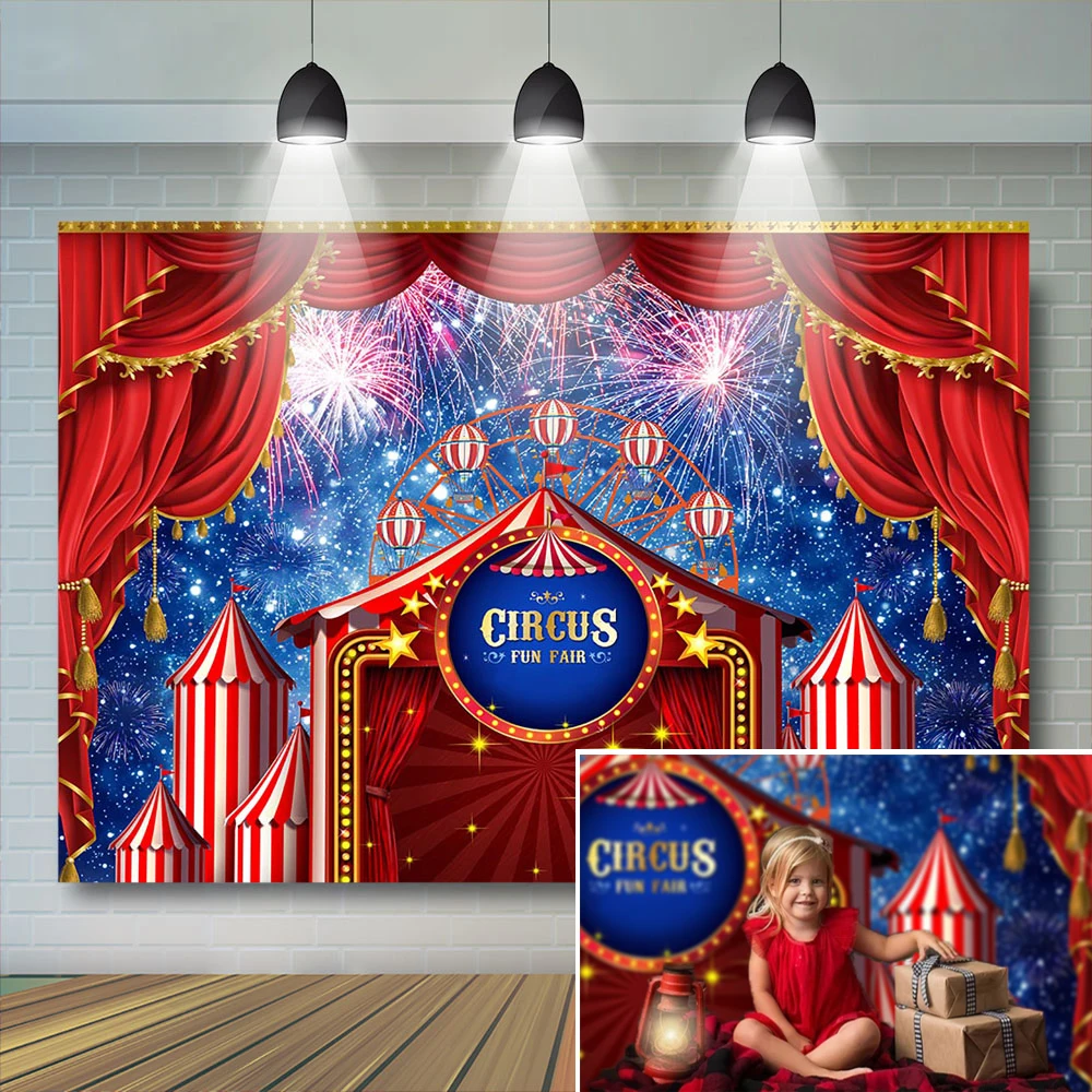 Mocsicka-telón de fondo de circo para niños, cartel de cumpleaños, accesorios para pastel, fuegos artificiales, noria, cielo nocturno brillante, primer cartel para estudio fotográfico