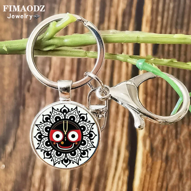 Retro Lord Jagannath Keychain for Men Women India God Face Lotus Cartoon Art Pattern Glass Dome Pendant Key Ring Bag Accessories