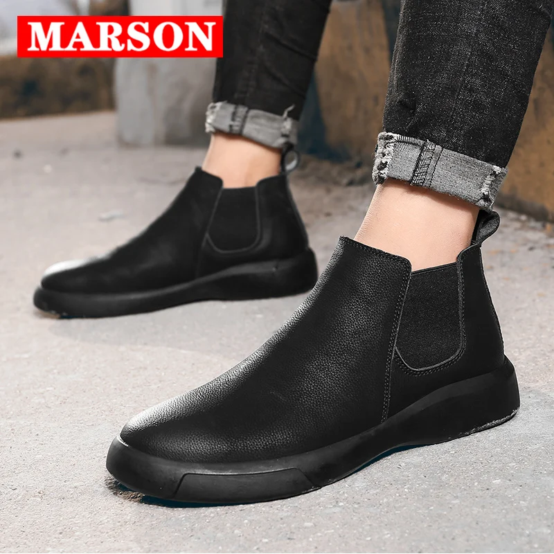 MARSON Men\'s Casual Flats Boots Short Shoe Ankle Short Boot Comfortable Waterproof Outdoor Slip-On Leather Footwear Plus Size