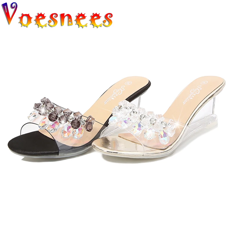 Voesnees Slippers Women Fashion Rhinestones Transparent Sandals 2021Summer New Non-slip Wedges Slides Female Model Catwalk Shoes