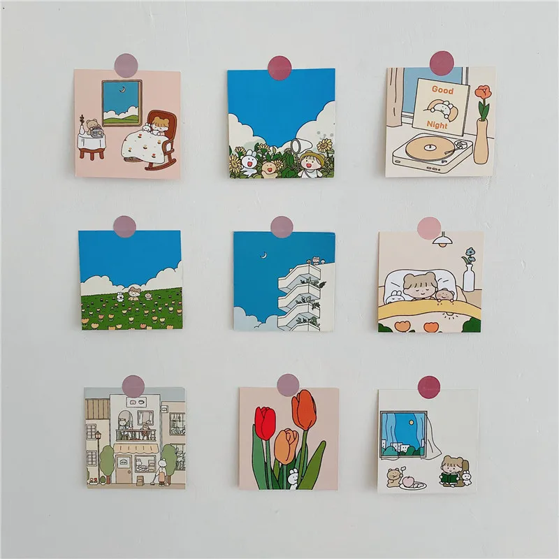 9 Sheets Kawaii Girl Series Cards Cartoon Double-Sided Card Wall Bedroom Decoration Scrapbooking Korean Postcard Stationery Gift