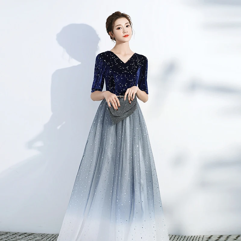 Ladybeauty Elegant Velour Evening Dresses Long Ever Pretty Double V-Neck Short Sleeve Sparkle Dusty Blue Evening Gowns