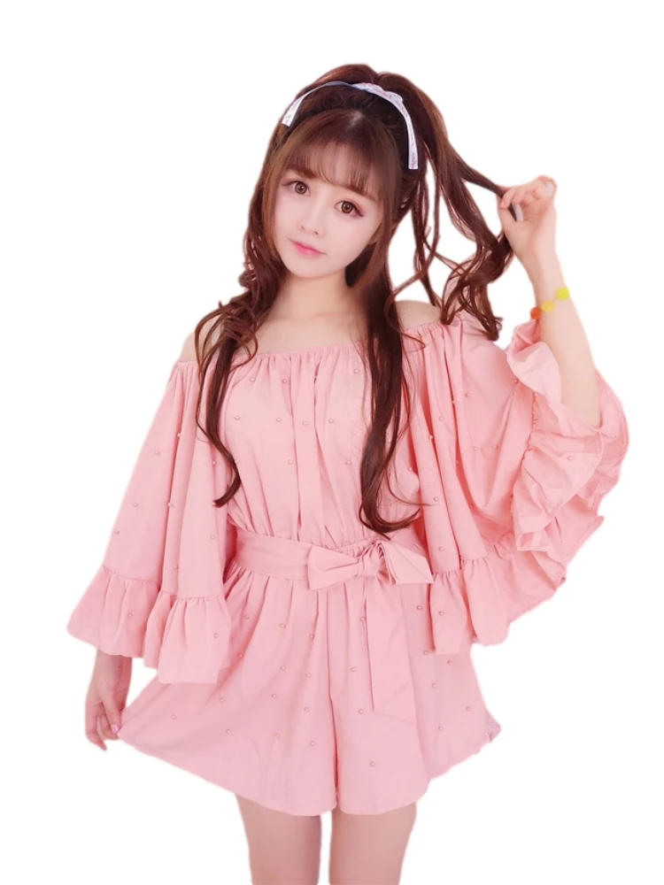 Summer Soft Girl Vintage Playsuit Womens Short Sleeve Elegant Rompers One Piece Pink Casual Jumpsuit Korean Sexy Kawaii Overalls