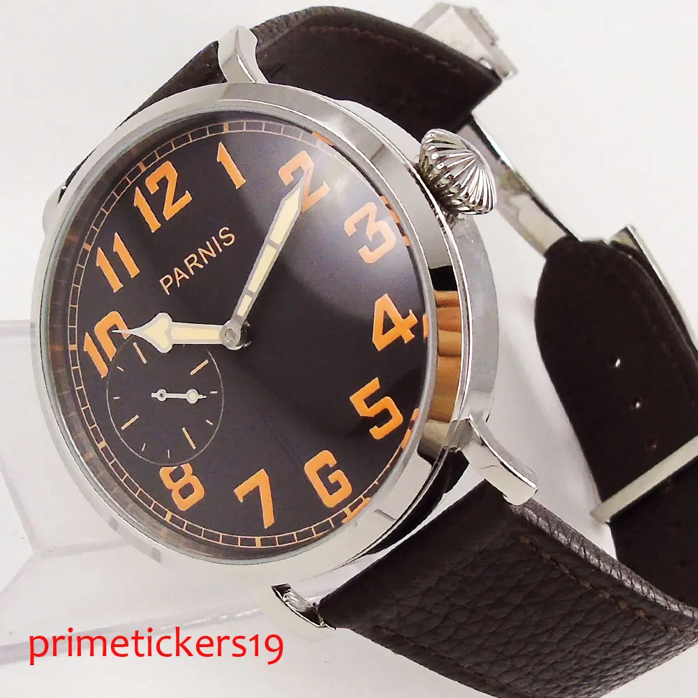 46mm Parnis Orange/Black Marks Stainless Steel Polished Case Leather Strap 6497 Hand Winding Movement Men Watch Black Dial