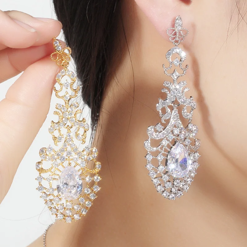 CWWZircons Royal Vintage Women Wedding Party Dress Jewelry Long Big 585 Dubai Gold Plated Earrings for Brides Accessories CZ650