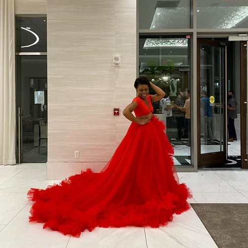 Amazing Bright Red A-Line Pleated Tulle Wedding Skirt With Long Train Women Maxi Skirt Court Train Prom Gown Photo Shoot Skirts