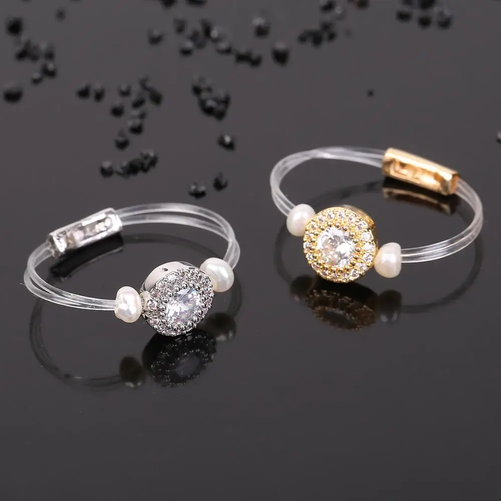 2020 New Trendy Women\'s Fashion Transparent line Brass Ring Round Zircon Natural Pearl Elastic Ring Accessory For Daily life