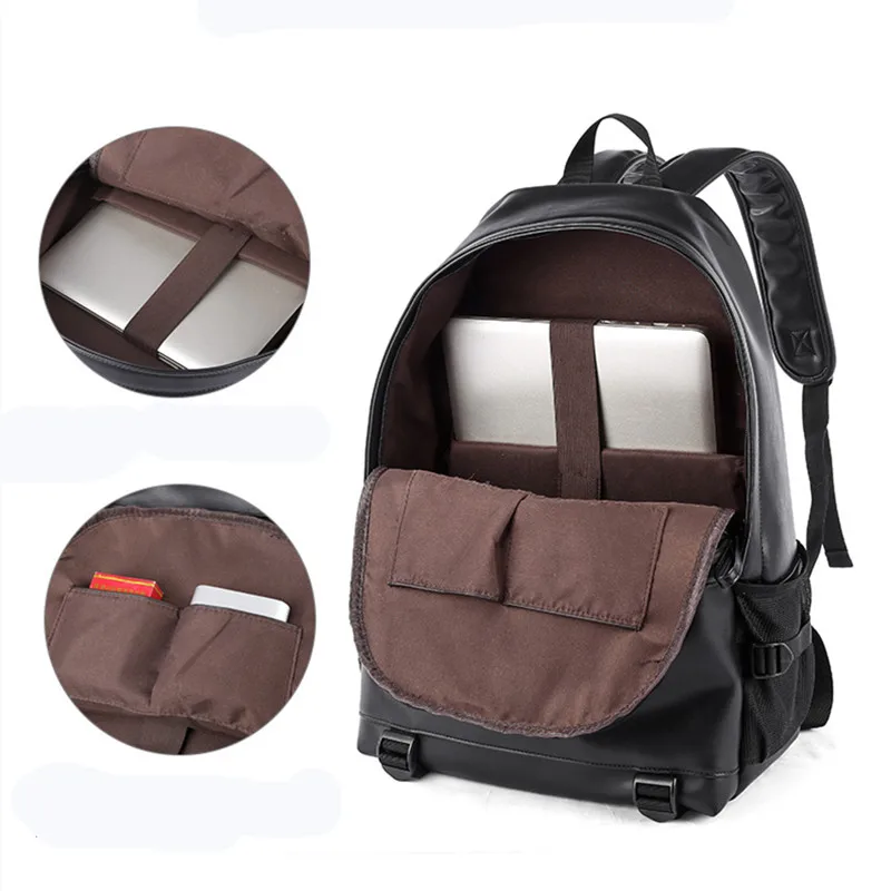 Mochila de couro preto masculina, mochilas escolares para meninos adolescentes, mochilas para laptop de 15,6 \