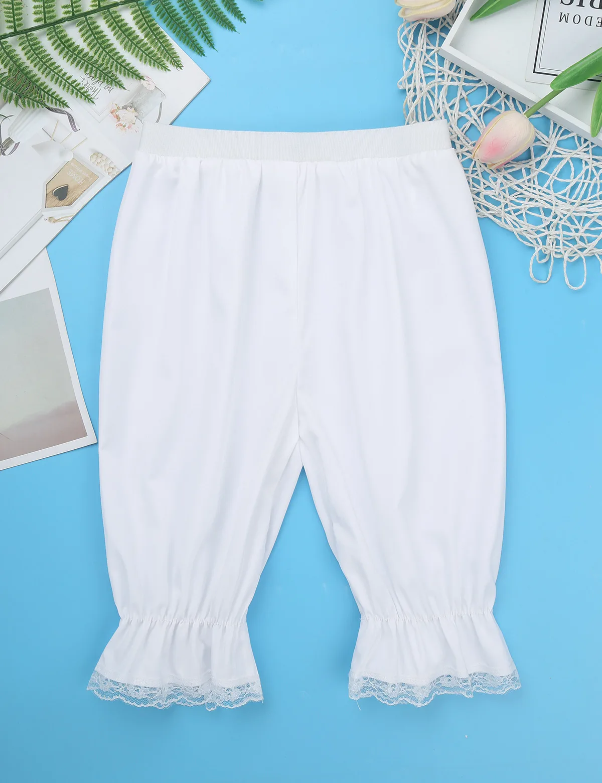 Shorts de abóbora vitorianos vintage para meninas, traje de calça gótica, cintura elástica, babados em camadas, rendas, bloomers soltos, criança