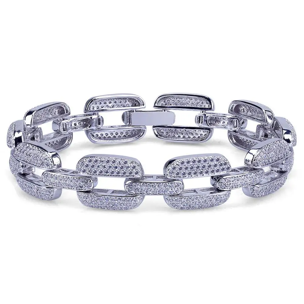 

15mm AAA+ CZ Zircon Paved Bling Ice Out Geometric Flaky Flat Link Chain Bracelets for Men Women Rapper Jewelry Gold Silver Color