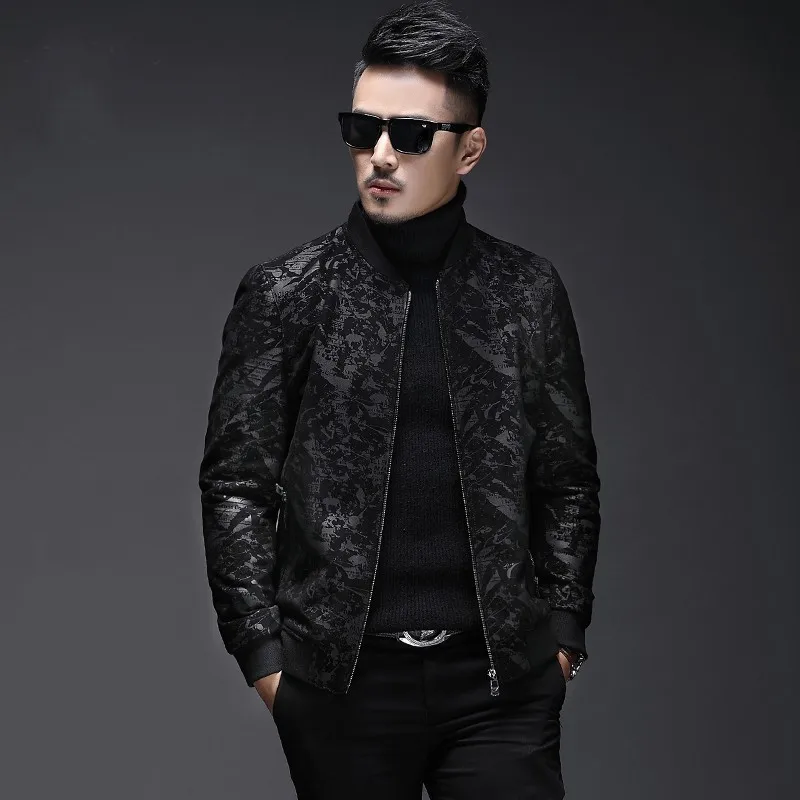 Mens Slim Fit Floral Printed Genuine Leather Bomber Jacket Business Man Casual Stand Collar Fashion Luxury Sheepskin Coat 4XL