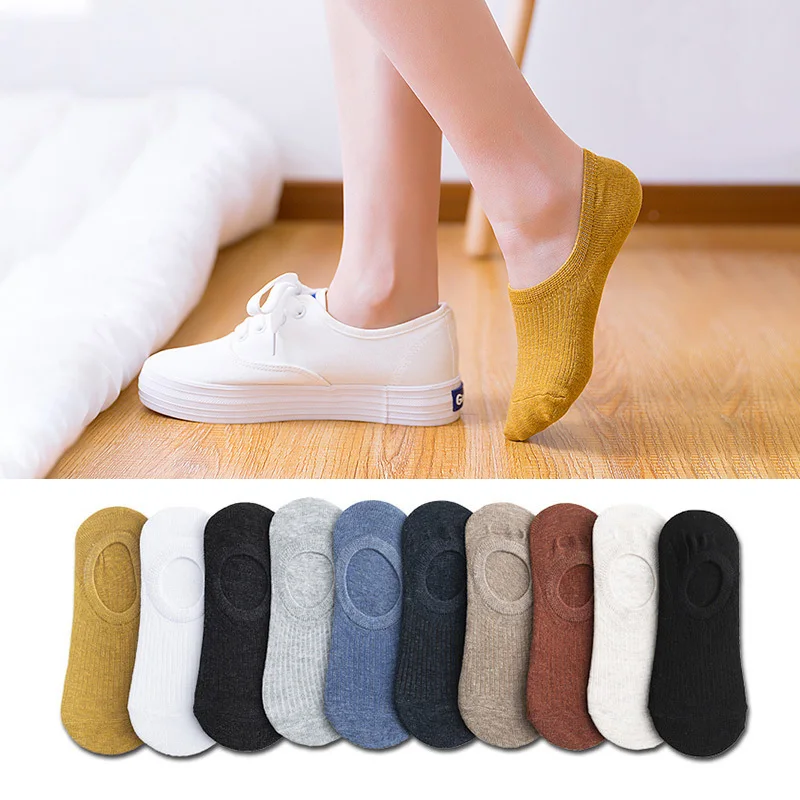 5 Pairs Women's silicone non-slip invisible socks Summer solid color Ankle Boat Socks female soft Cotton slipper socks 35-40 EUR