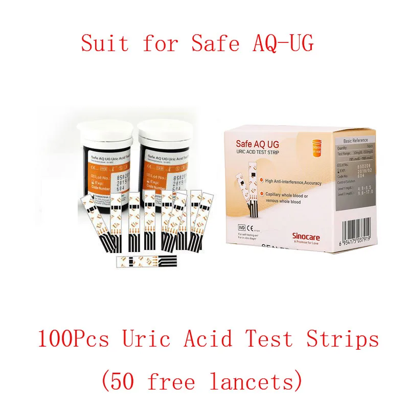 Sinocare Uric Acid Test Strips or Blood Glucose Strips for Safe AQ UG only 100PCS with free lancets for Diabetes