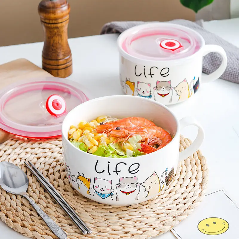 Creativity Lid Ceramics Bowl cartoon animal Type Room Student Office Super Large Japanese Cup lunch Instant Noodle Porridge Bowl