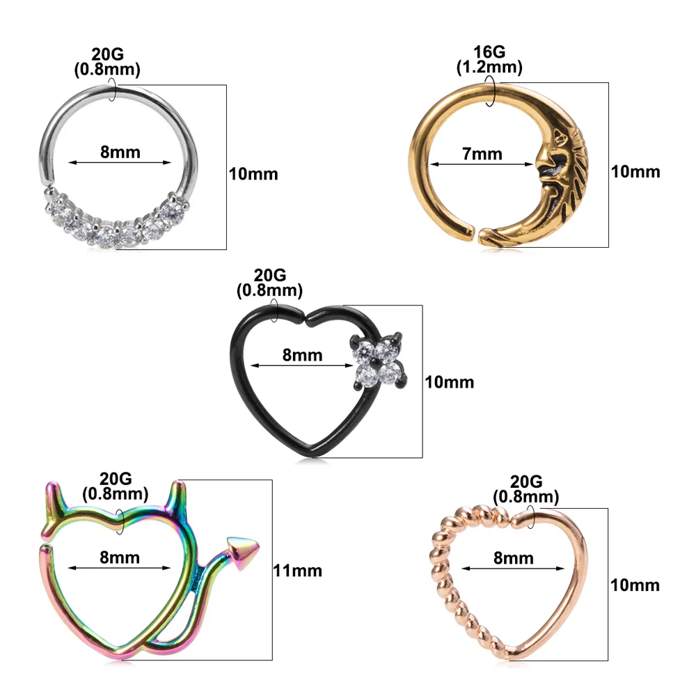 1PC Heart Moon Brass Zircon Nose Ring Nostril Hoop Copper Daith Tragus Cartilage Earring Hoops Septum Piercing Jewelry for Women