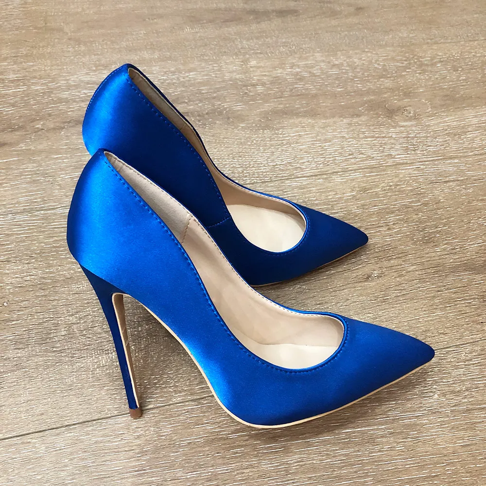 Veowalk Royal Blue Women Silk Satin Stilettos High Heels Elegant Ladies Fashion Pointed Toe Slip-on Pumps Party Dress Shoes