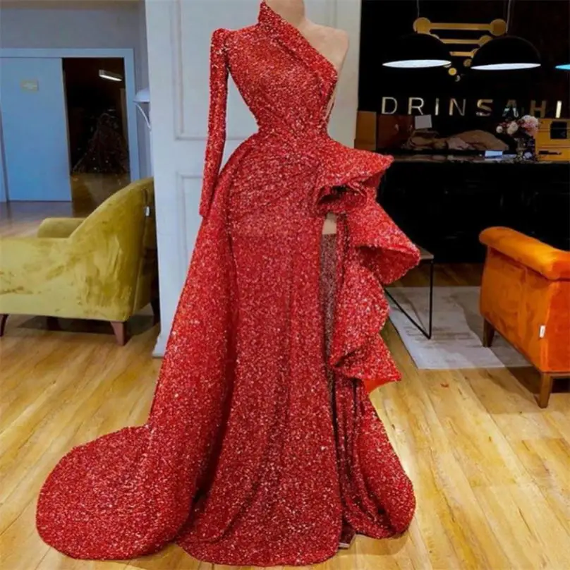 Sexy Sequined Prom Dresses Red One Shoulder Ruffles Side Split Evening Dress Long Sleeves Peplum Dubai Arabic Party Vestidos