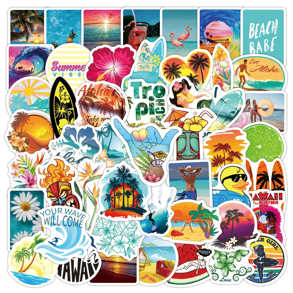 10/50PCS Summer Hawaii Beach Surfing Stickers Sports Tropical Vinyl Waterproof Sticker to DIY Surfboard Car Bike Travel Suitcase