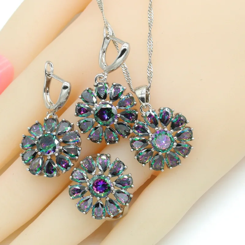 2021 Rainbow Zirconia Silver Color Dubai Bridal Jewelry Sets For Women Necklace Pendant Bracelets Earrings Rings Gift Box